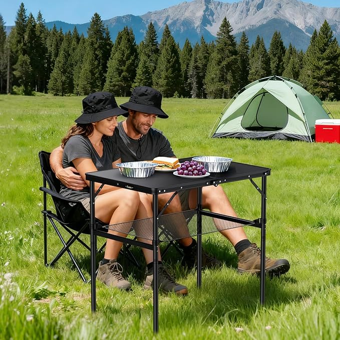 Anbte 3ft Camping Table Foldable with Storage Net, 3 Heights Max 29.5" Aluminum Camping Table with Portable Handle, Lightweight, for Travel Outdoor Beach Picnic Patio Indoor, 36" x 24", Pure Black