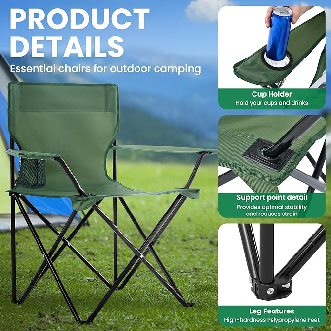 2-Pack Foldable Camping Chairs with Cup Holder, 300LB Lawn Portable Folding Chairs for Adults, Lightweight Outdoor Beach Chairs with Carry Bag for Camp, Fishing, Sports (Green)