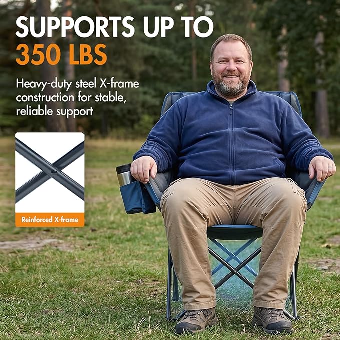 Portal 32" Oversized Camping Chair, Foldable Heavy Duty 350 lb Padded Ergonomic Seat for Big & Tall Adults, Pinch-Free Extra Wide Design Featuring Cup Holder & Carry Bag for Fishing, Lawn & Sidelines