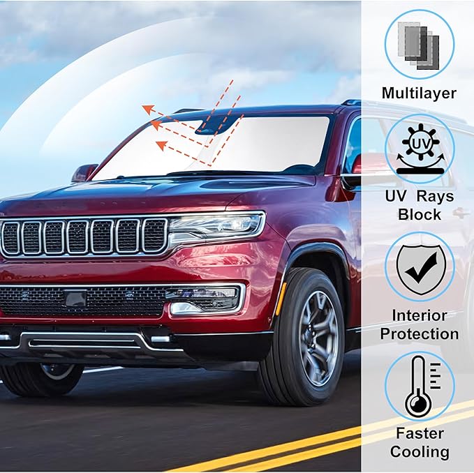 Windshield Sun Shade Custom Fit 2022 2023 2024 2025 2026 Jeep Wagoneer (NOT for Grand Wagoneer) Accessories Foldable Sunshade Sun Blocker Front Window Shades Covers Keeps Car Cooler