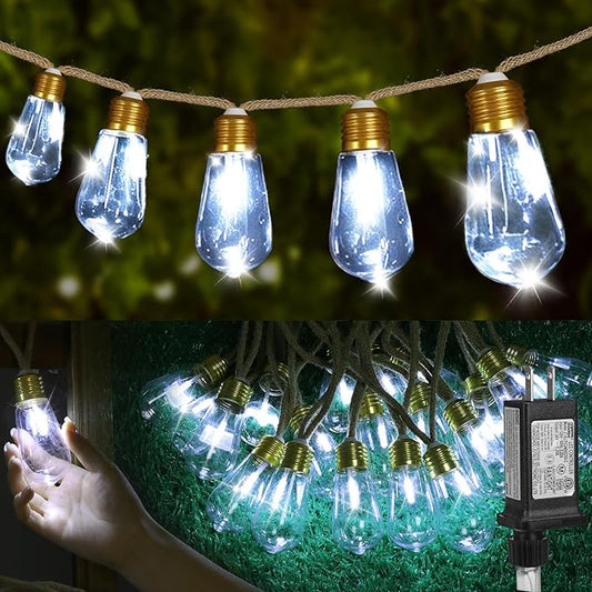 (New) Outdoor String Lights, 24FT Hemp Rope LED Patio Lights, Waterproof 8 Modes Plug-in Edison Bulb Lights for Backyard, Garden, Porch, Wedding, Christmas Decor