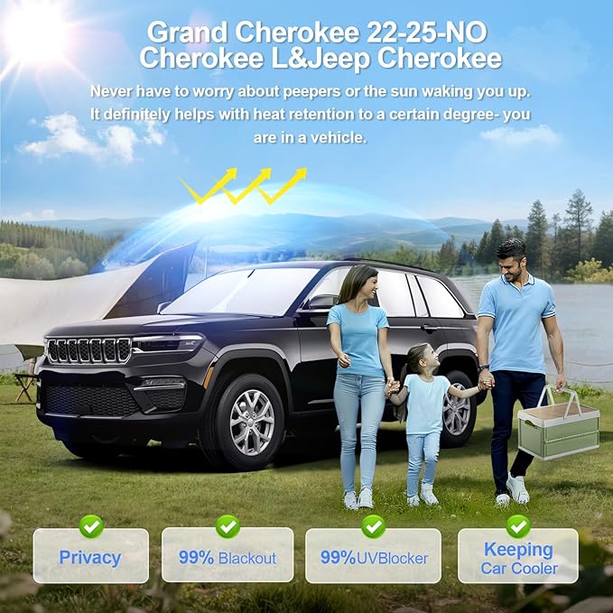8pcs Car Window Shades for Grand Cherokee 2022-2026 Accessories,Windshield Side Rear Full Sunshade,Sun Visor UV Blocking, Privacy Protection for Camping Outdoor(Not for Cherokee L&Jeep Cherokee)