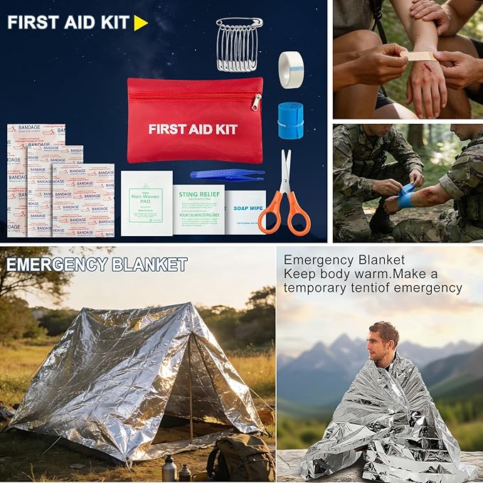 Survival Kit and Emergency Gear - 66 in 1 Outdoor Equipment with First Aid Fire ,Starter, Knife, Compass for Camping, Hiking, Gifts for Men