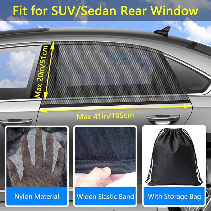Car Window Sun Shade Side Windows Sunshade Car Seat Sun Protector Rear Shades Curtains Screen Nets Covers Meshs Tint Blocker (2 Pack Rear Window Shade)