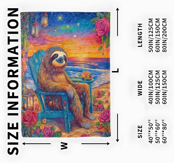 Beach Sloth Flower Blanket, Cozy Flannel Floral and Sunset Blankets, All Season Soft Throw for Travel Home Decor, Lightweight Sofa Bed Chair Throws, Gifts for Women Kids Animal Lovers, 50"×60"