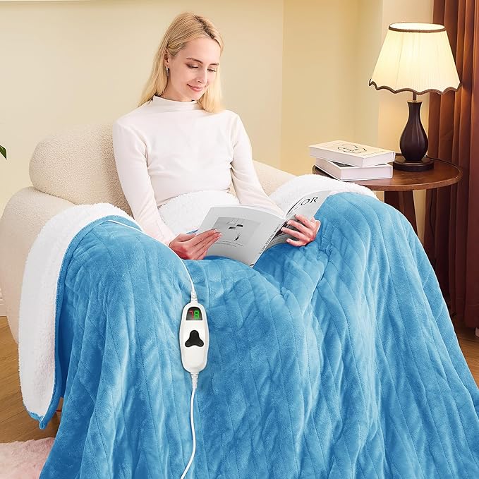 greenoak Heated Blanket Electric Full 72"X84", Heating Blankets with 10 Heat Levels 8 Hours Auto-Off, Soft Flannel Sherpa Fluffy House Warming Gifts for Grandma Seniors Momt, Pale Blue