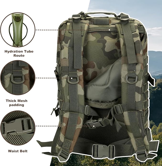 Hannibal Tactical MOLLE Assault Backpack, Tactical Backpack Military Army Camping Rucksack, 3-Day Pack Trip w/USA Flag Patch, D-Rings, Polish Camo
