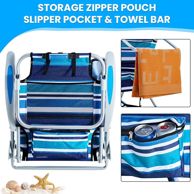 Portable Beach Chair for Adults, Outdoor Camping Chair Lay Flat Folding Backpack Beach Reclining Chair with 5 Positions, Headrest, Cup Holder, Heavy Blue Striped