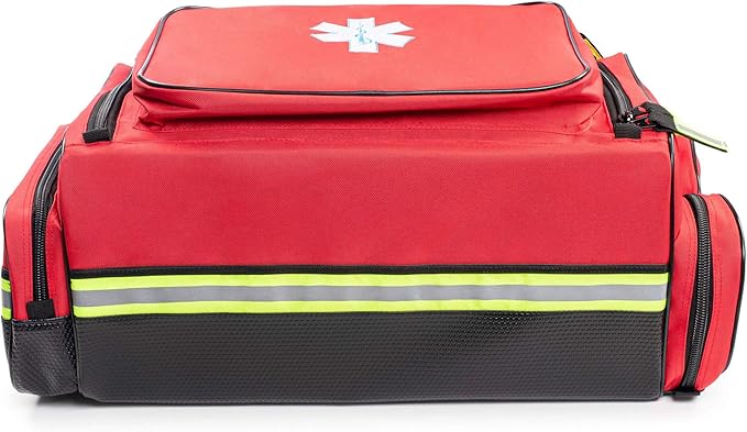 Scherber First Responder O2 Bag | Ultimate Professional EMT/EMS Trauma Oxygen Kit | Durable Reflective 600D Water Repellant Bag w/10+ Compartments, Zippered Pockets, Dividers & Padded Strap | XL - Red