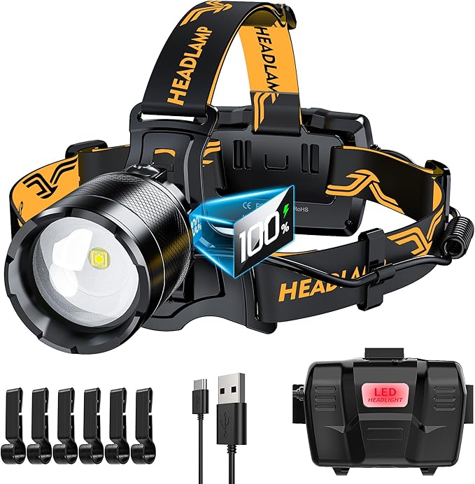Bright Headlamp Adjustable Focus Motion Sensor Warning Light, 8 Modes 80 Hours Standby Time Head Lamp, IP65 Waterproof 125°Angle Head Lights for Hiking Camping Emergency Outdoor