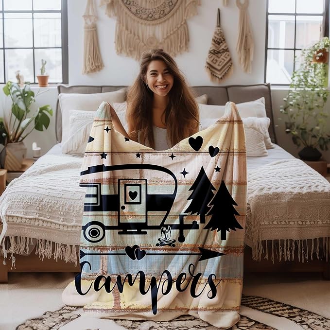 Camper Throw Blankets, Soft Warm Flannel Throws Cover for Couch, Chair, Sofa, Bed, Outdoor, Inside, Beach, Travel Decor