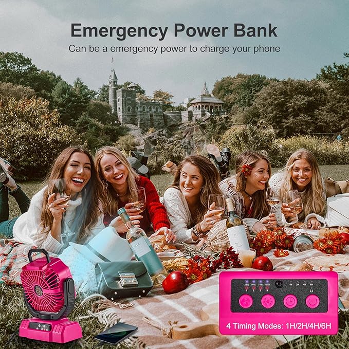 Odoland Portable Camping Fan with LED Lantern, 20000mAh Rechargeable Battery Powered Fan with Auto Oscillation, Timer, Remote, 360° Rotation Hook, 4 Speeds for Power Outage Travel Home,Pink