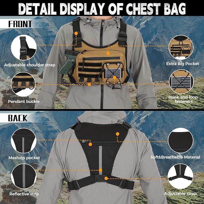koculemi Outdoor Sports Chest Bag for Men, Chest Vest Holster Fits Most Pistols, EDC Travel Chest Pack for Running, Hiking