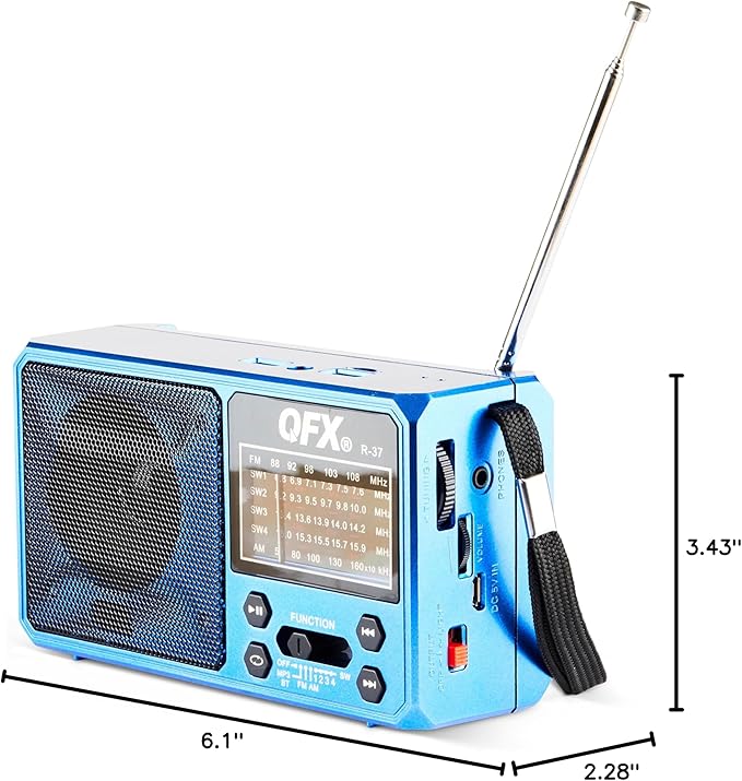 QFX R-37-BL 6-Band (AM, FM, SW1 - SW4) Bluetooth LED Flashlight Solar Radio (2021 Model)