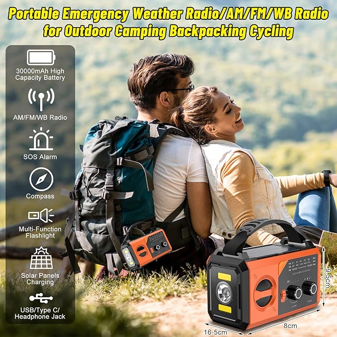 30000mAh Emergency Radio with NOAA Weather Alert, Emergency Hand Crank Weather Radio Portable AM/FM/NOAA Solar Radio with Compass SOS&Flashlight for Survival and Camping/Home (Orange-30000mAh)