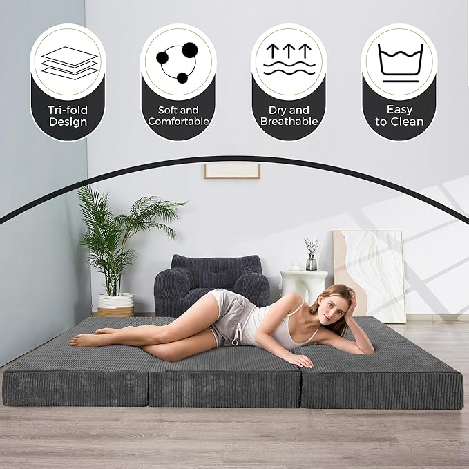 BYBYME Corduroy Tri-Folding Mattress, 6 Inch Folding Mattress Topper, Foldable Soft Guest Bed Camping Pad, with Washable Cover (Dark Grey, Queen)