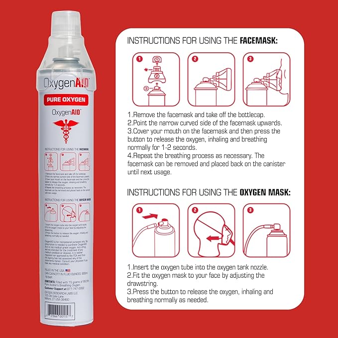 Extra Tall 99.5% Oxygen Canisters - Includes Facemask & Rebreather Mask with Tubing - 2 Pack