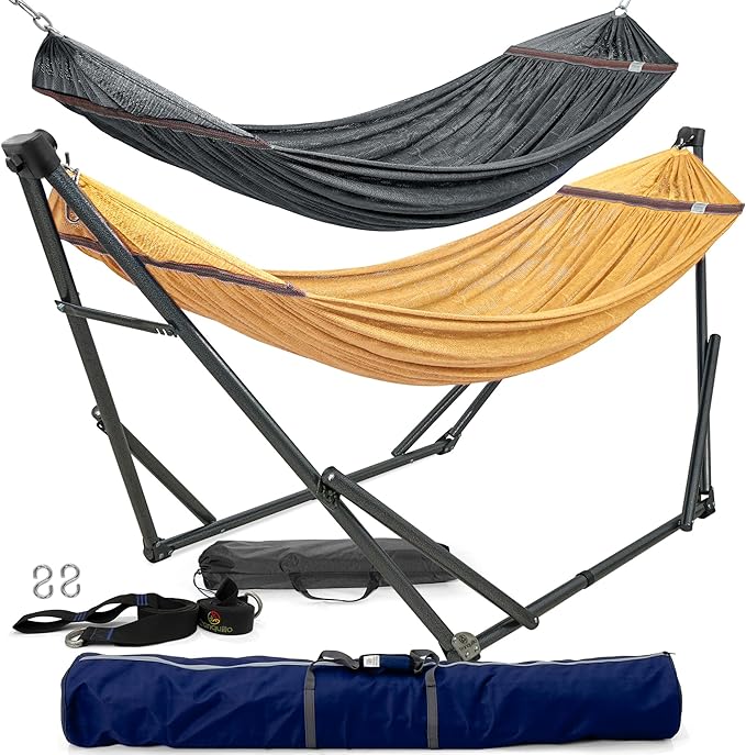 Tranquillo Combo x2 Hammocks with Stand for Outside & Tree Straps, Heavy Duty Hammock with Stand 600lbs for Indoor Outdoor Patio Backyard, x2 Hammocks for 2 Person (Combo - Yellow, Medium)