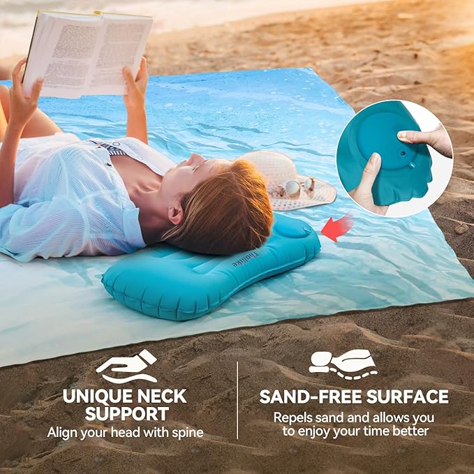 Beach Blanket, Waterproof Sandproof Beach Mat with Stakes and Inflatable Camping Pillow, 79" X 83" Quick Drying Lightweight & Durable Outdoor Picnic Mat with 4 Corner Pockets for Beach Camping