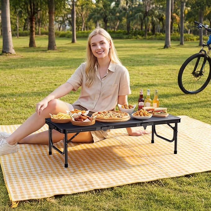 Anbte 3ft Low Folding Picnic Table, 10.3" Height Thicker Aluminum Small Camping Table with Storage Bag, Portable Handle, Lightweight, for Camping Beach Party Picnic Floor, 34.2" x 15.7", Black