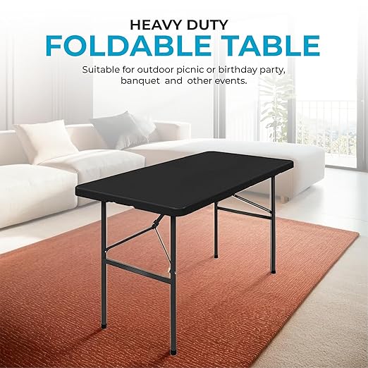 Simpli-Magic 4ft Portable Plastic Folding Table – 17% Thicker Than Others – Indoor & Outdoor Heavy-Duty Foldable Utility Table w/Handle for Party & Camping (Black)