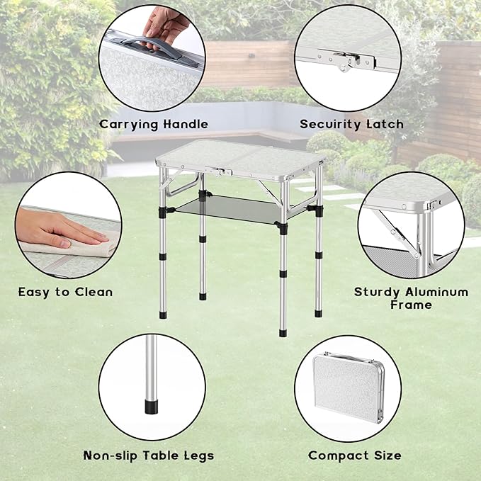 YihuiKo Folding Camping Table, Aluminum 24" x 16" Adjustable Height Max 27.5" with Carrying Handle, Lightweight, Portable Camping Table for Outdoor Indoor Picnic Beach, Silver