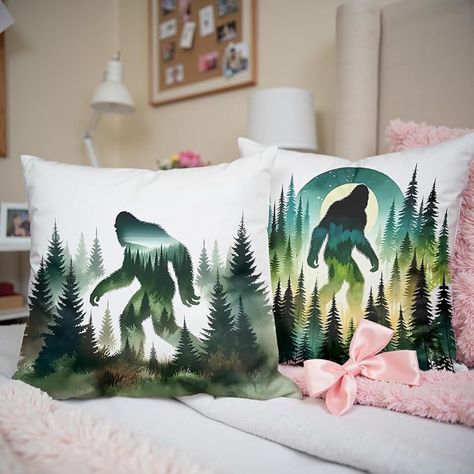 Funny Bigfoot Sasquatch Forest Throw Pillow Covers 18x18 Set of 2,Camper Decor Pillowcase,Big Foot Sasquatch Gifts,Camping Camper Bigfoot Gifts for Women（92）