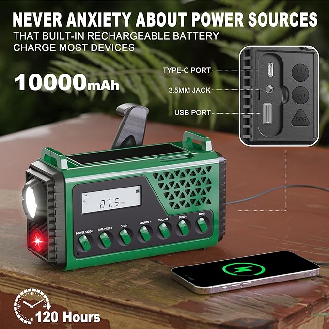 Emergency Crank Weather Radio, 10000mAh Solar Hand Crank Portable NOAA AM FM Battery Power Radio,Weather Alert with Flashlight,SOS Alarm & Reading Lamp,Survival Gifts for Home Outdoor