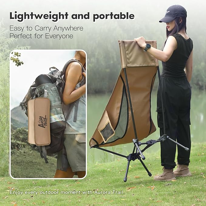 AuroraTrail High Back Folding Camping Chair with Pillow – Lightweight Portable Outdoor Chair with Cup Holder & Carry Bag, Sturdy Aluminum Frame Supports up to 374 lb for Camping, Hiking & Festivals