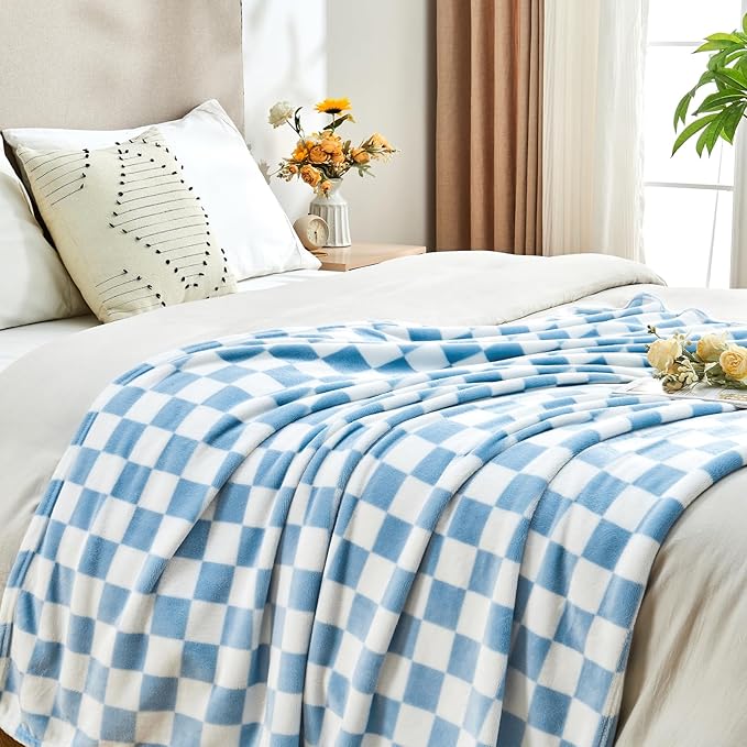 Edenleaf Checkered Blanket Flannel Throw Blankets Soft Cozy Checkered Grid Print Chessboard Gingham Pattern Throws for Bed Sofa Couch for All Seasons, 60x80 Inch, Blue
