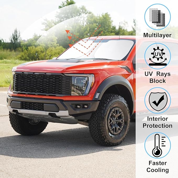 Windshield Sun Shade Custom Fit 2021 2022 2023 2024 2025 2026 Ford F150 F-150 (Lariat, King Ranch, Platinum, XL XLT Limited Raptor) Accessories Front Window Sunshade