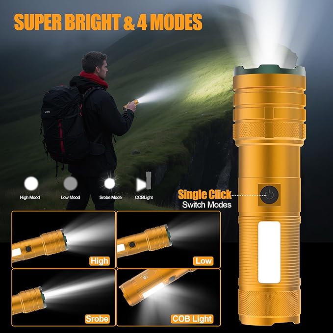Rechargeable Flashlights High Lumens 100,000 Long Lasting, 4 Modes with Side COB Light, Super Bright LED Flashlight USB C Input & Output, Powerful Strong Flash Light for Hiking Camping