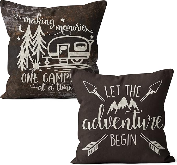 Camper Pillows Cover Set - 2 Pieces 18x18 RV Decor, Let The Adventure Begin Pillow Cases, Black