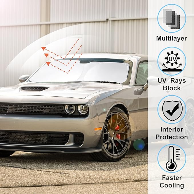 Windshield Sun Shade Custom Fit 2015-2021 2022 2023 Dodge Challenger Accessories Coupe,SRT Hellcat,Redeye,GT,RT,TA Coupe,Widebody,SXT,RT Scat Pack Fron Window Sunshade