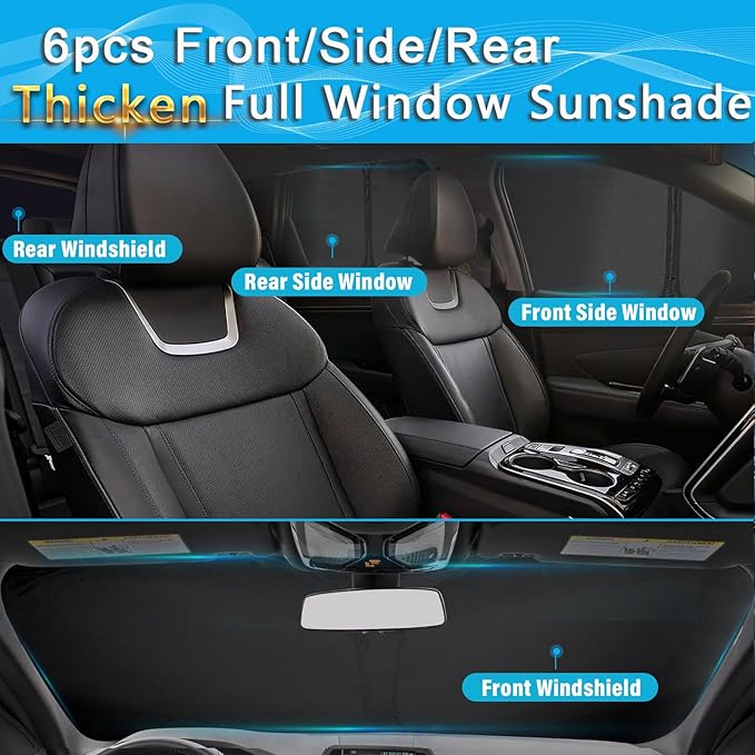 KMF 6pcs Thicken Sun Shades for Honda Civic Sedan 2012-2015 Accessories, Windshield Sunshade Full Car Window Covers for Side Rear, UV Block and Blackout Privacy for Camping Outdoor