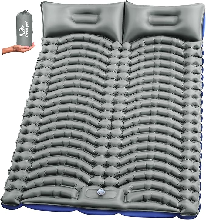 Double Sleeping Pad for Camping - Ultralight Air Mattress with Pillows, Built-in Foot Pump, Compact Inflatable 2-Person Portable Mat for Backpacking, Hiking, Tent, Car Travel, Beach，Road Trip