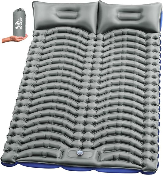 Double Sleeping Pad for Camping - Ultralight Air Mattress with Pillows, Built-in Foot Pump, Compact Inflatable 2-Person Portable Mat for Backpacking, Hiking, Tent, Car Travel, Beach，Road Trip
