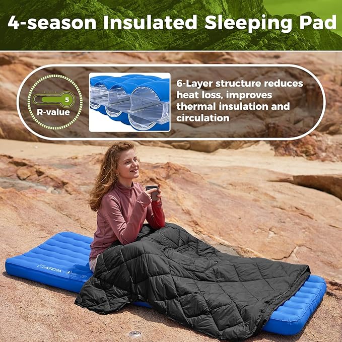 ATEPA ThermAir Pro Backpacking Inflatable Sleeping Pad, 5 R-Value Insulated Ultralight Portable Sleeping Pad Thick Camping Mat with Stuff Sack for Camping Backpacking Tent, Wide Long Size 77.5"x25.6"
