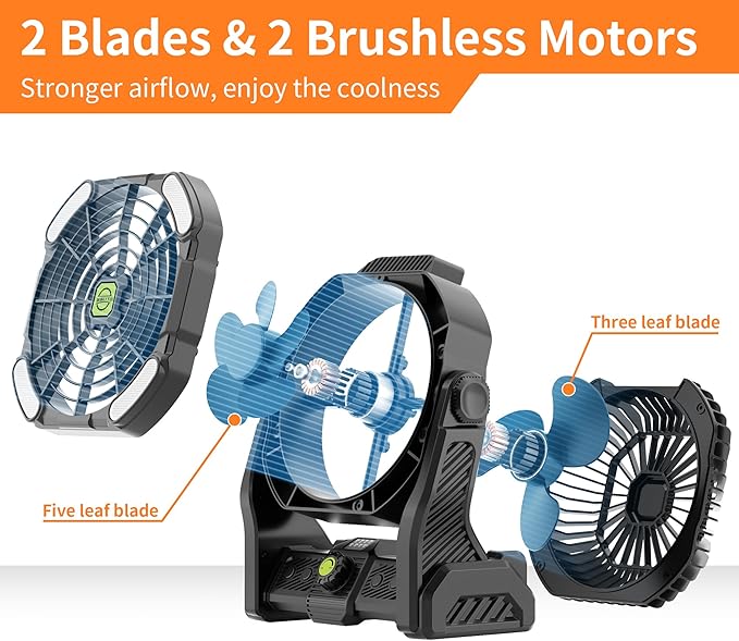 20000mAh Rechargeable Fan Portable, 270°Cordless Battery Powered Fan with LED Lantern, USB Camping Fans Battery Operated for Travel Tent Beach Fish Bedroom Desk Table