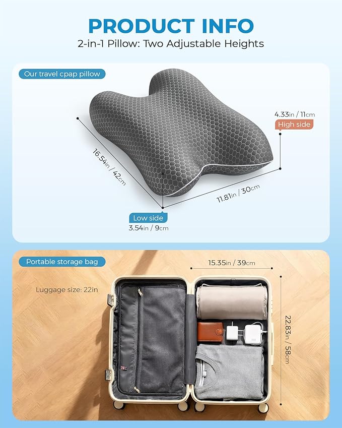 Elviros Portable CPAP Pillow for Side & Back Sleepers, Travel Sleep Apnea Pillow with Adjustable Height to Relieve Neck Pain, Reduce Mask Leaks & Pressure, Includes Travel Bag for Camping, Hotels