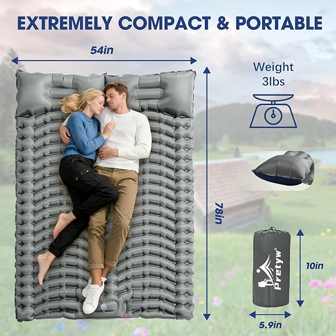 Double Sleeping Pad for Camping - Ultralight Air Mattress with Pillows, Built-in Foot Pump, Compact Inflatable 2-Person Portable Mat for Backpacking, Hiking, Tent, Car Travel, Beach，Road Trip
