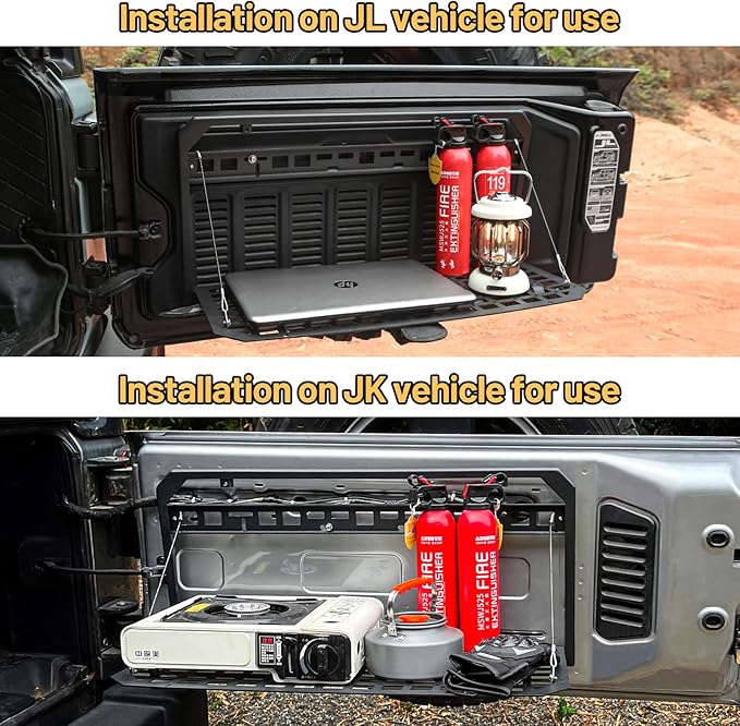 Tailgate Table Rear Storage Cargo Rack Compatible with 2017-2024 Jeep Wrangler JKU &JL JLU Foldable Storage Shelf MOLLE Panel with 3 Storage Bags(Not fit with Low Speaker JK Models)