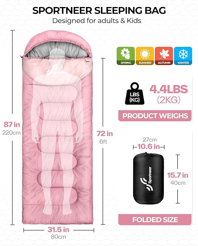 Sportneer Sleeping Bag for Adults & Kids, Cold Weather & Warm Waterproof Camping Sleeping Bag, Compact Portable for Camping Hiking & Travel