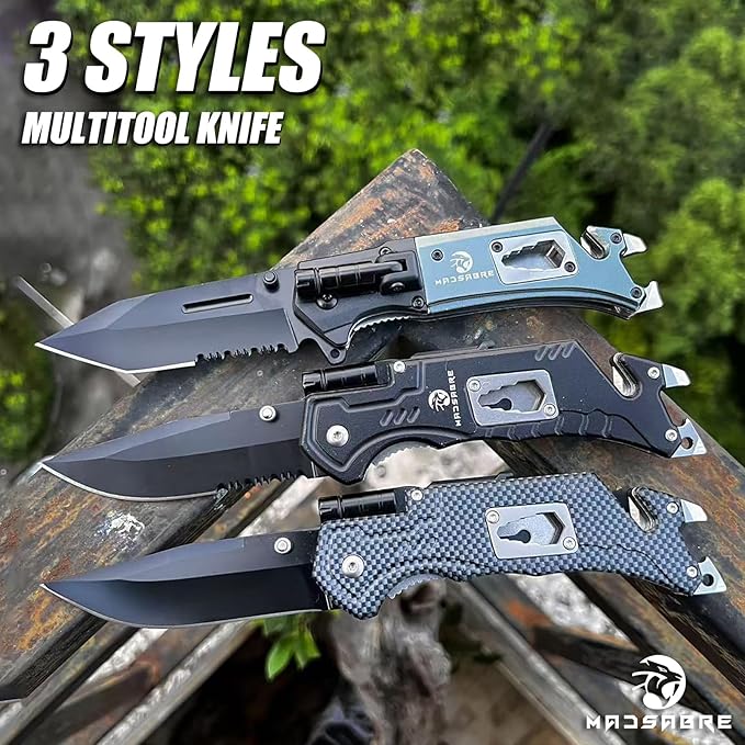 MADSABRE Multitool Pocket Knife with Clip and Case, 8-in-1 Folding Knives with Glass Breaker, Bottle Opener, Wrench, EDC Multitool Knife for Camping, Survival, Gifts for Men (Black)