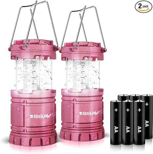 2 Pack LED Camping Lantern, LED Lanterns, Suitable Survival Kits for Hurricane, Emergency Light for Storm, Outages, Outdoor Portable Lanterns, Pink, Collapsible | Batteries Included