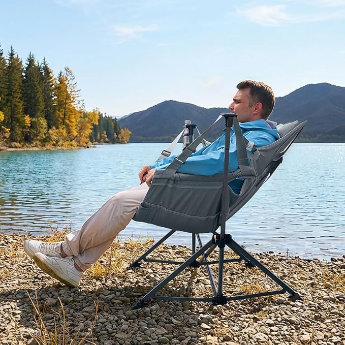 Timber Ridge Hammock Camping Chair with Adjustable Backrest, Heavy Duty Folding Hammock Chair Supports 300lbs, Portable Hammock Chair for Camping, Travelling and Patio, Grey