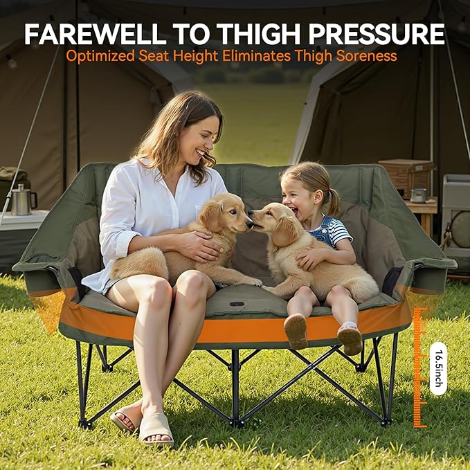 Huskfirm Double Camping Chair Oversized Padded Camping Chairs for Adults Folding Loveseat with Cup Holders and Side Pockets Heavy Duty Outdoor Lawn Chairs for Camping,Sports, Fishing,Beach,Green
