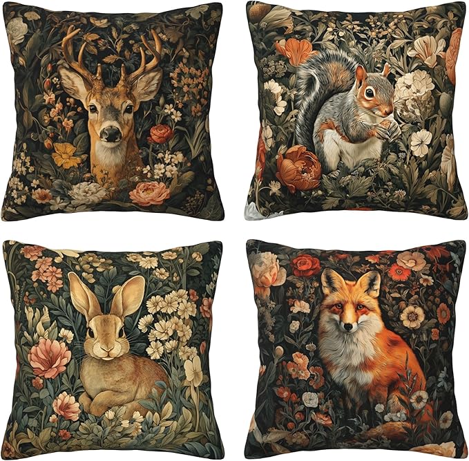 Vintage Animals Throw Pillow Covers 18 X 18 Inch Set of 4 Decorative Cushion Cover Home Decor for Sofa Chair Couch Bedroom Living Room