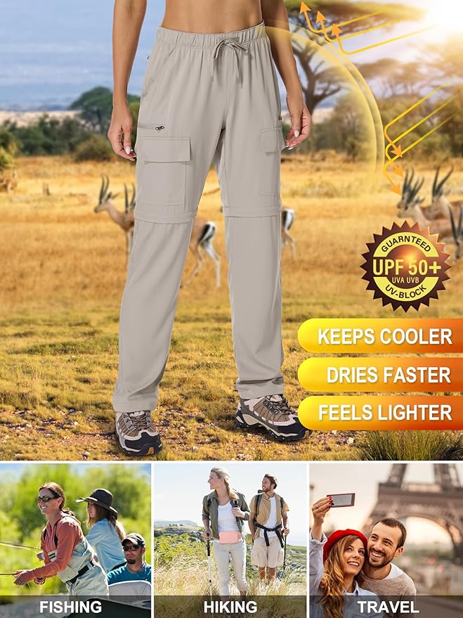 Womens Hiking Pants Convertible Quick Dry Stretch Lightweight Zip Off Outdoor Safari Pants with Cargo Pockets