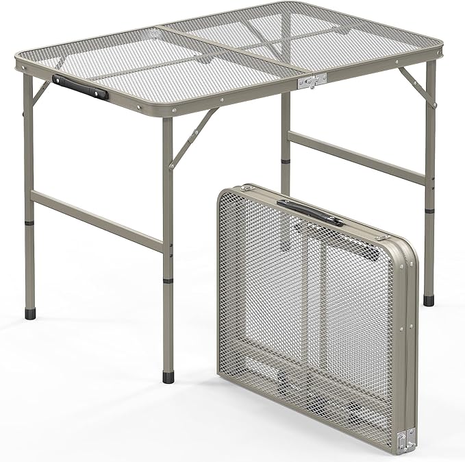 VINGLI Outdoor Grill Table, Folding Camping Table, 3 ft Portable Picnic Table Adjustable Height, Lightweight Aluminum Tables for Outside, Beach, Patio, Party, Gun